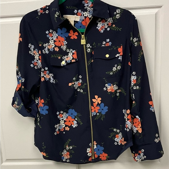 MICHAEL MICHAEL KORS Zipper Dark Blue Floral Long Sleeve Blouse -SZ- M Petite - Picture 3 of 9